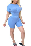 Blue Fashion Casual adult Ma'am Patchwork Solid Two Piece Suits pencil Short Sleeve Two Pieces