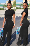 Black Polyester Casual Fashion Slim fit crop top Solid Two Piece Suits Straight 