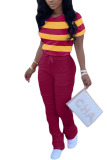 Wine Red Polyester Fashion Casual adult Ma'am Striped Two Piece Suits Straight Short Sleeve Two Pieces