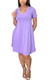 Pink Polyester Fashion Casual adult Ma'am Cap Sleeve Short Sleeves V Neck Swagger Knee-Length Solid Dresses