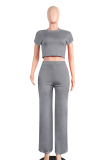 Dark Gray Polyester Casual Fashion Slim fit crop top Solid Two Piece Suits Straight 