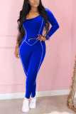 Blue Casual Solid zipper Cotton Blend Long Sleeve O Neck Jumpsuits
