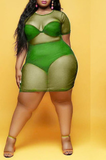 Fluorescent green Sexy O Neck Solid perspective HOLLOWED OUT Hollow Out Plus Size