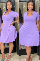 Light Purple Polyester Fashion Casual adult Ma'am Cap Sleeve Short Sleeves V Neck Swagger Knee-Length Solid Dresses