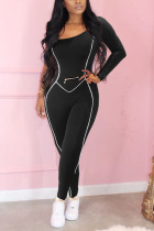 Black Casual Solid zipper Cotton Blend Long Sleeve O Neck Jumpsuits