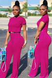 rose red Polyester Casual Fashion Slim fit crop top Solid Two Piece Suits Straight 