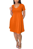 Orange Polyester Fashion Casual adult Ma'am Cap Sleeve Short Sleeves V Neck Swagger Knee-Length Solid Dresses