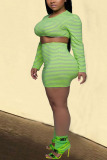 Green knit Sexy Striped Print Skinny Long Sleeve Two Pieces