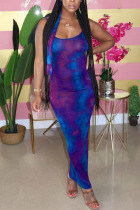 Dark Purple Polyester Fashion Sexy adult Ma'am Spaghetti Strap Sleeveless Slip Step Skirt Ankle-Length Print Dresses