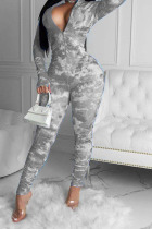 Grey Casual Print Tie-dyed Blend Long Sleeve V Neck Jumpsuits