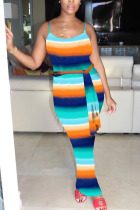 Light Blue Polyester Fashion Sexy adult Ma'am Spaghetti Strap Sleeveless Slip Step Skirt Ankle-Length Print Dresses