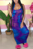 Dark Purple Fashion Sexy adult Ma'am Spaghetti Strap Sleeveless Slip Step Skirt Ankle-Length Print Dresses