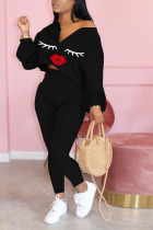 Black Sexy Print Lips Print pencil Long Sleeve Two Pieces