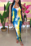 Light Blue Fashion Sexy adult Ma'am Spaghetti Strap Sleeveless Slip Step Skirt Ankle-Length Print Dresses