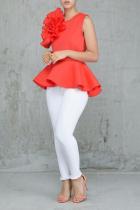 Red Fashion Sleeveless Floral Regular Blouses & Shirts