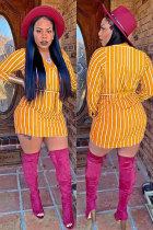 Yellow Fashion Long Sleeves O neck Hip skirt Mini Striped  Long Sleeve Dresses