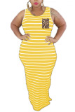 Yellow Fashion Sexy adult Ma'am O Neck Striped Stripe Plus Size