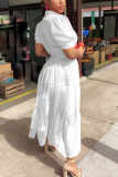 White Fashion Casual Patchwork Solid Mesh With Belt Turndown Collar Swagger Dresses