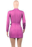 purple Fashion Long Sleeves O neck Hip skirt Mini Striped Long Sleeve Dresses
