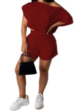 Wine Red Fashion Casual adult Ma'am Two Piece Suits Straight Short Sleeve Two Pieces