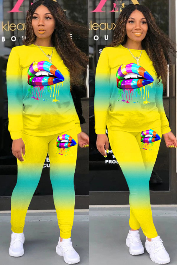 Yellow Sexy Casual Print Gradient Lips Print pencil Long Sleeve Two Pieces