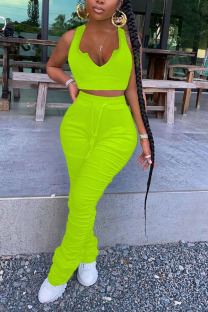 Fluorescent green Sexy V Neck Patchwork Solid asymmetrical Plus Size