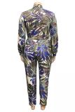 Blue Polyester Sexy adult Fashion Casual O Neck Two Piece Suits Zippered Print 