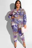 Blue Polyester Sexy adult Fashion Casual O Neck Two Piece Suits Zippered Print 