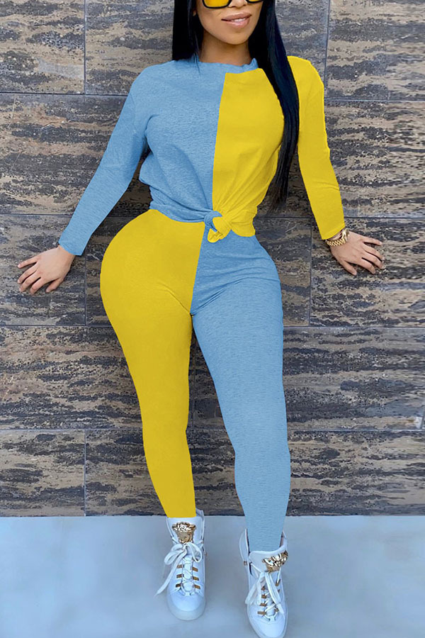 Blue Fashion Sexy adult Ma'am Patchwork contrast color Two Piece Suits pencil Long Sleeve Two Pieces