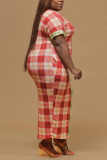 Red-green Polyester Sexy O Neck Plaid Print Pattern Plus Size 