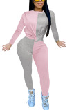 Pink Fashion Sexy adult Ma'am Patchwork contrast color Two Piece Suits pencil Long Sleeve Two Pieces