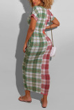 Red-green Polyester Sexy O Neck Plaid Print Pattern Plus Size 