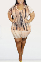 Apricot Polyester Fashion Sexy adult Ma'am V Neck Striped Tie Dye Two Piece Suits Stripe Plus Size 