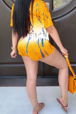 Black Fashion Celebrities adult Ma'am Print Tie Dye contrast color Two Piece Suits pencil Short Sleeve Two Pieces