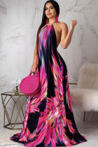 Red Fashion Sexy Off The Shoulder Spaghetti Strap Sleeveless Slip A-Line Floor-Length Print Patchwork  C