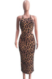 Leopard print Sexy Off The Shoulder Sleeveless O neck Step Skirt Mid-Calf Print hollow out Leopard