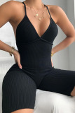 Black Fashion street Backless Solid Sleeveless V Neck Jumpsuits