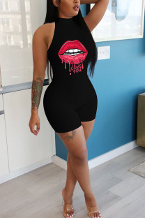 Black Fashion street Print Sleeveless O Neck Rompers