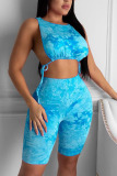 Blue Polyester Fashion Sexy adult Ma'am Patchwork Print Two Piece Suits pencil Sleeveless Two Pieces