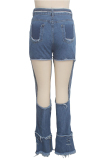 Blue Denim Button Fly Sleeveless High Hole Solid Patchwork Boot Cut Pants Pants