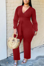 Red Fashion Sexy Solid Polyester Long Sleeve V Neck Jumpsuits