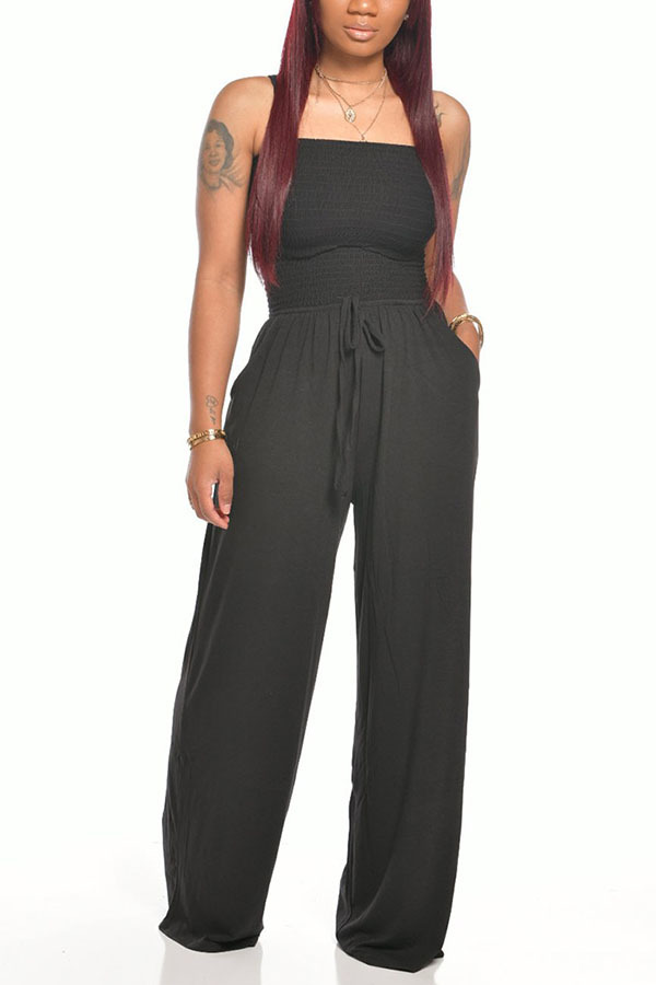 Black Fashion Casual Solid Sleeveless Wrapped Jumpsuits
