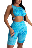 Blue Polyester Fashion Sexy adult Ma'am Patchwork Print Two Piece Suits pencil Sleeveless Two Pieces