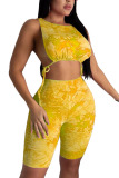 Yellow Polyester Fashion Sexy adult Ma'am Patchwork Print Two Piece Suits pencil Sleeveless Two Pieces