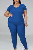 Blue Fashion Casual adult Ma'am O Neck Solid Two Piece Suits Plus Size
