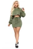 Green Polyester Fashion adult Sexy Two Piece Suits Bandage Solid Hip skirt Long Sleeve 