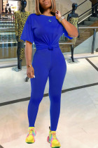 Blue Polyester Fashion Casual adult Ma'am Solid Two Piece Suits pencil Short Sleeve Two Pieces