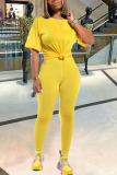 Yellow Polyester Fashion Casual adult Ma'am Solid Two Piece Suits pencil Short Sleeve Two Pieces