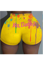 Yellow Polyester Elastic Fly Mid Print Skinny shorts Bottoms