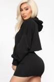Black Polyester Fashion adult Sexy Two Piece Suits Bandage Solid Hip skirt Long Sleeve 